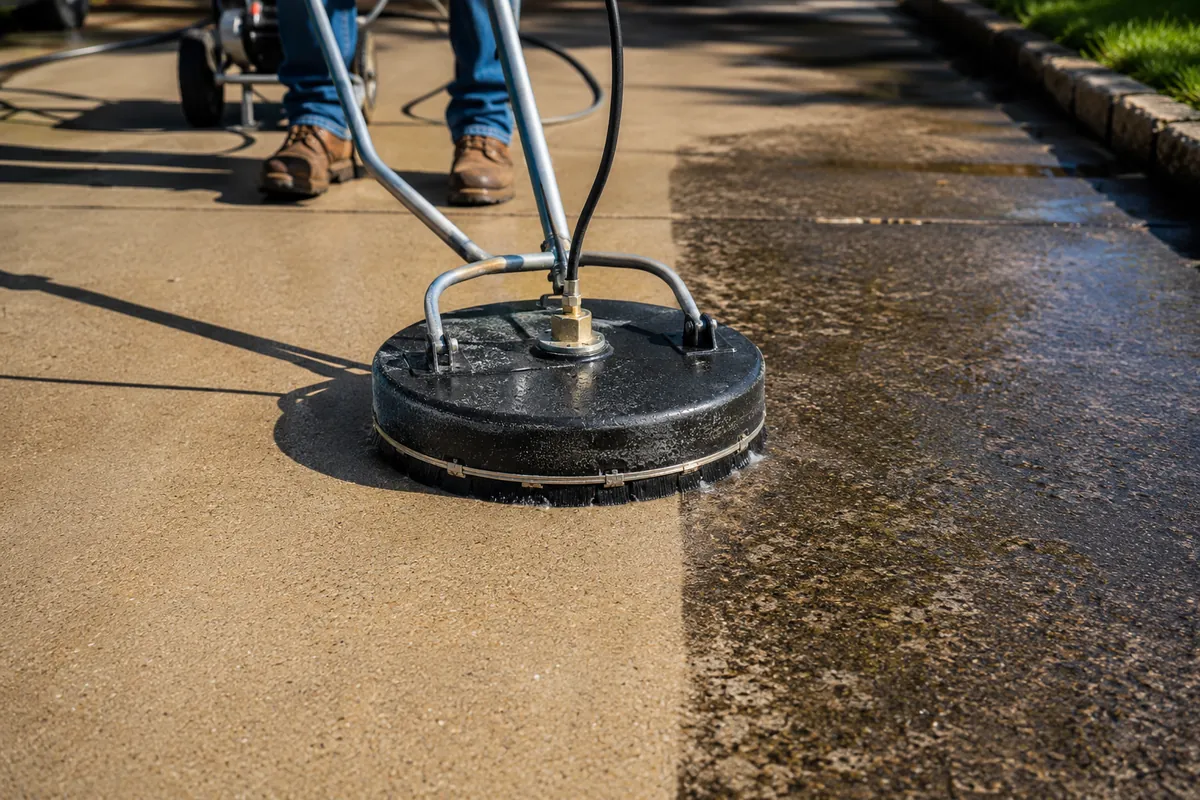 A round surface cleaner cuts a bright clean stripe across a dirty concrete driveway