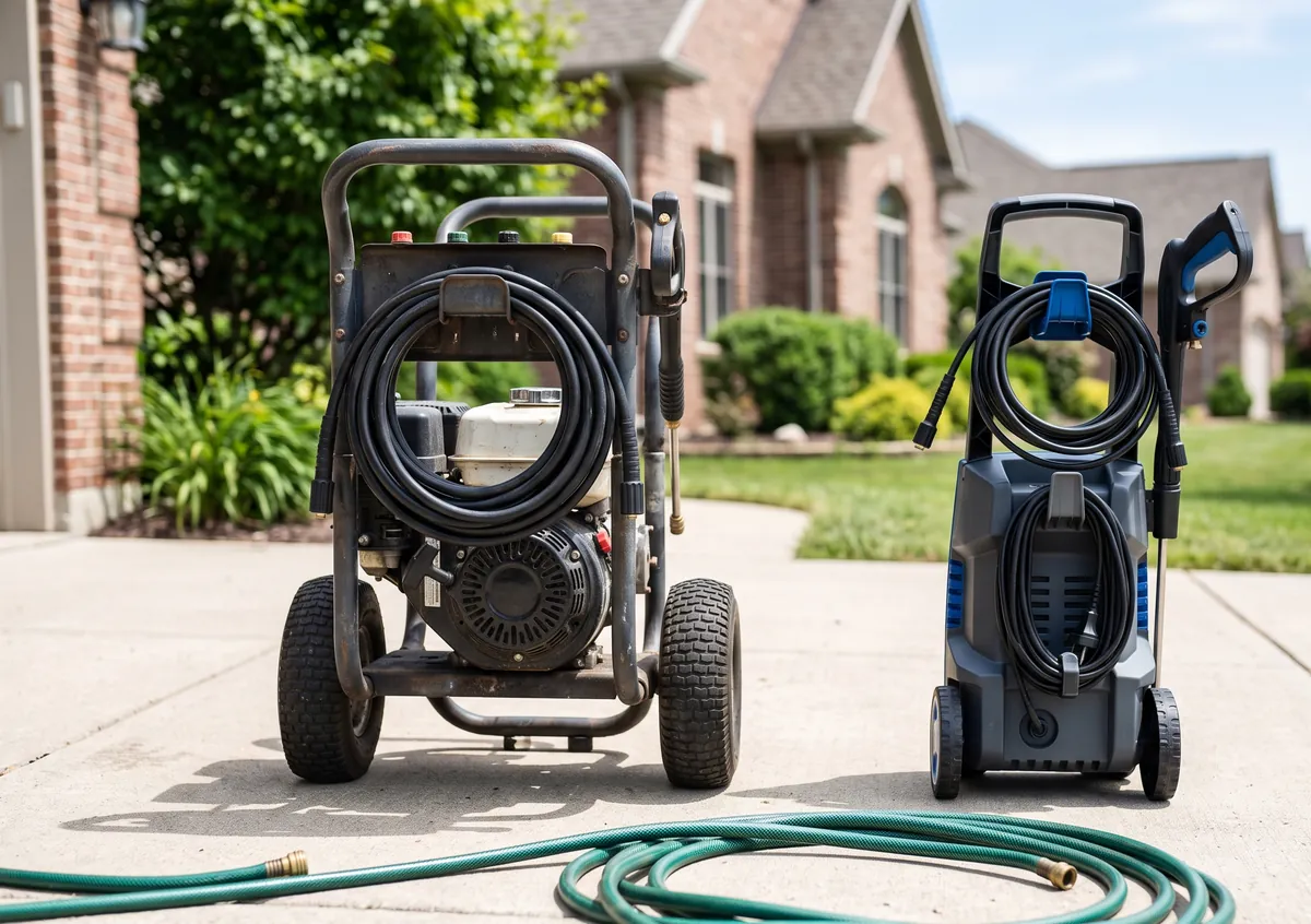 A gas pressure washer and a compact electric unit side by side on a driveway